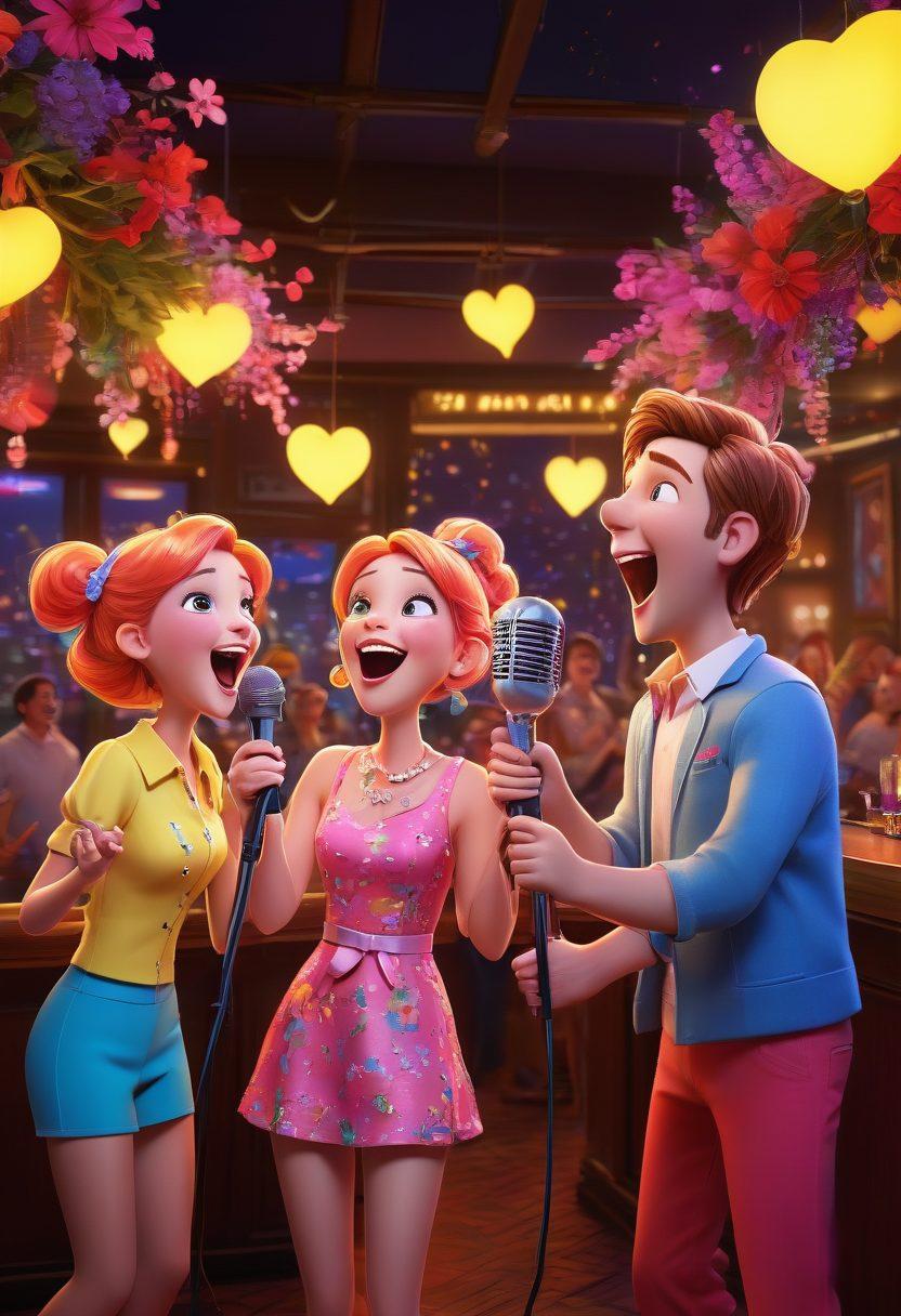 A lively karaoke scene featuring colorful animated characters with exaggerated expressions, interacting with a vibrant backdrop of neon lights and musical notes. Add elements that reflect both music and romance, such as microphones wrapped in flowers and hearts floating around. Capture the energetic atmosphere of a karaoke bar, blending fun and playfulness. super-realistic. vibrant colors. dynamic lighting.