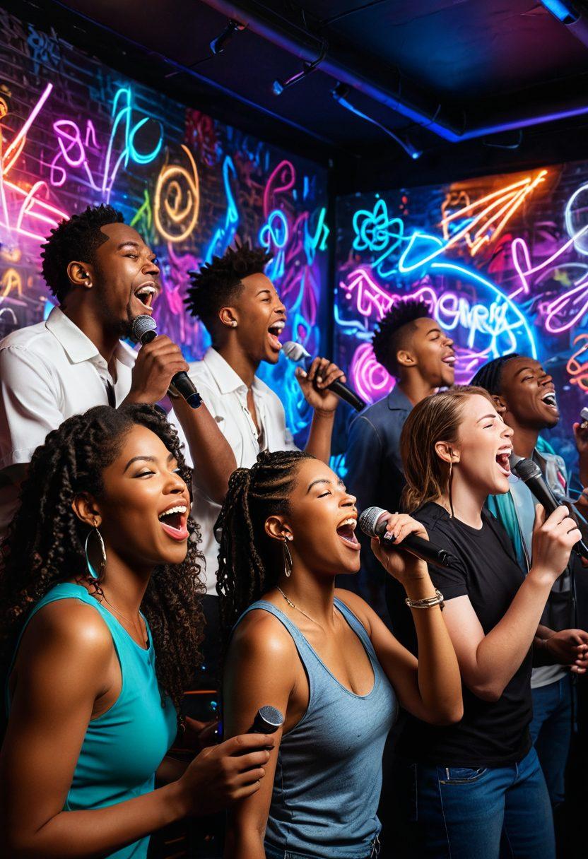 A lively karaoke scene with diverse individuals passionately singing into microphones, surrounded by a mix of colorful musical notes and explicit lyrics artistically integrated into the background. The atmosphere is filled with vibrant energy, highlighting the joy and freedom of musical expression. Subtle graffiti-style art elements add an edgy touch. neon lights. vibrant colors. 3D.